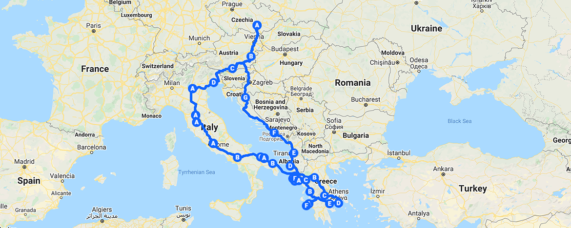 Mapa Evropy s vyznačenou trasou