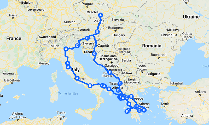 Mapa Evropy s vyznačenou trasou